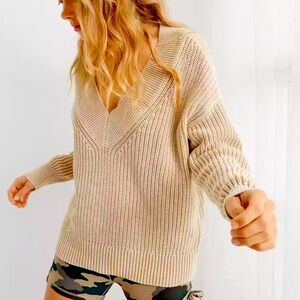 Aerie•Cotton V Neck Chunky Sweater